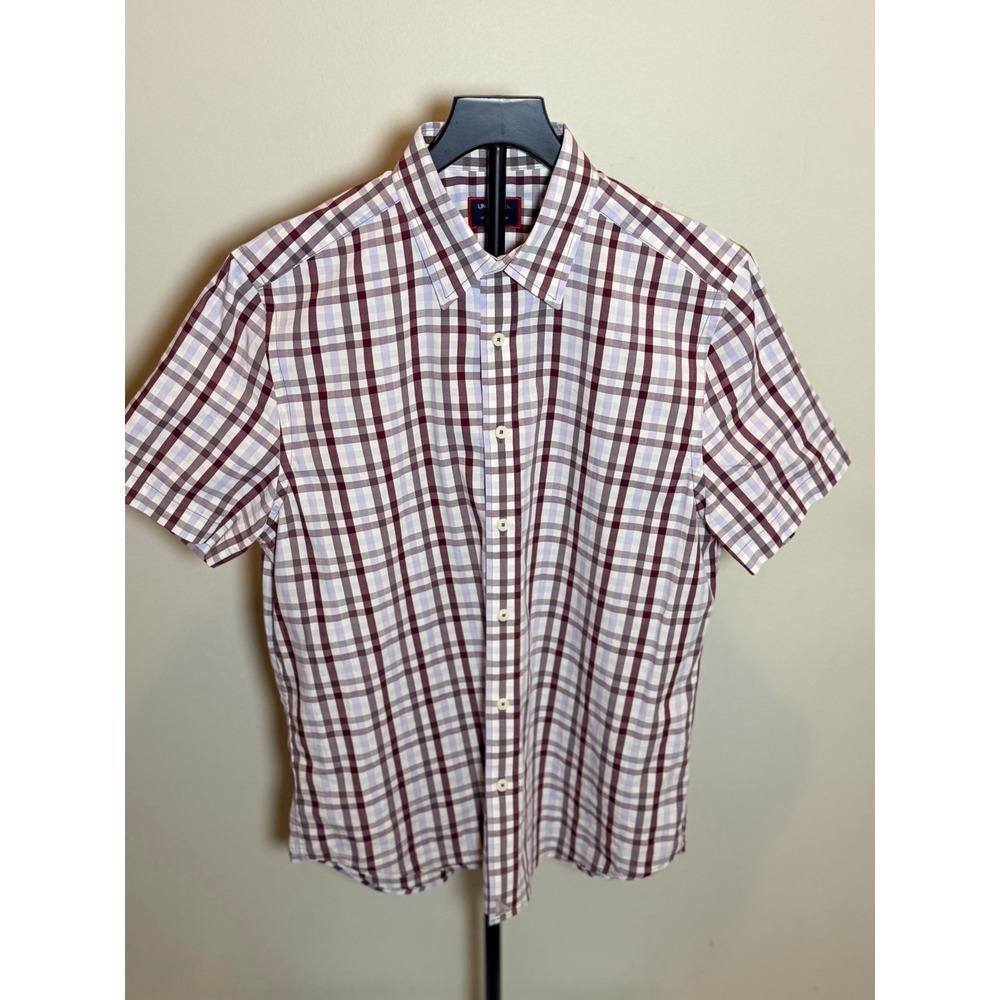 UNTUCKit Men's M Slim Purple White Check Woven Short Sleeve Button-Up Shirt